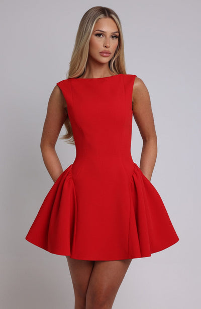 Women’s Mini Dress - Fit and Flare Silhouette - Sleeveless - High Neck - Structured Fabric